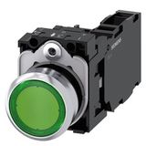 Illuminated pushbutton, 22 mm, round, metal, shiny, green, pushbutton, flat, momentary contact type, with holder, 1 NO+1 NC, LED module with integrated  3SU1152-0AB40-1FA0-Z Y19