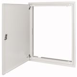 Flush-mounting trim ring with sheet steel door and locking rotary lever for 3-component system, W = 400 mm, H = 460 mm, white