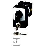 Changeoverswitches, T0, 20 A, flush mounting, 4 pole, with black thumb grip and front plate, Cylinder lock SVA