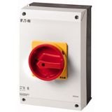 Main switch, P3, 63 A, surface mounting, 3 pole, Emergency switching off function, With red rotary handle and yellow locking ring, UL/CSA