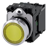 Illuminated pushbutton, 22 mm, round, metal, shiny, yellow, pushbutton, flat, momentary contact type, with holder, 1NO, LED module  3SU1153-0AB30-1BA0-Z Y10