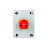 Main switch, P1, 25 A, surface mounting, 3 pole + N, Emergency switching off function, With red rotary handle and yellow locking ring, Lockable in the