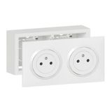 Double 2P+E surface dooxie 16A pre-wired power socket kit delivered with frame for surface mounting in white finish