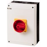 Safety switch, T5, 100 A, 6 pole, 2 N/O, Emergency switching off function, With red rotary handle and yellow locking ring, Lockable in position 0 with