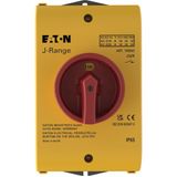 Main switch, 32 A, surface mounting, 3 pole, Emergency switching off function, With red rotary handle and yellow locking ring, Lockable in the 0 (Off)