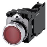 Illuminated pushbutton, 22 mm, round, Metal, shiny, red, pushbutton, flat, momentary contact type, with holder, 1 NO+1 NC, LED module with integrated  3SU1156-0AB20-3FA0-Z Y19