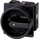 Main switch, T3, 32 A, flush mounting, 3 contact unit(s), 3 pole, 2 N/O, STOP function, With black rotary handle and locking ring