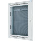 Flush mounting/hollow wall structured wiring enclosure with transparent panel, complete, white, 3-row type with mounting plate, 100 mm mounting depth