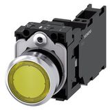 Illuminated pushbutton, 22 mm, round, metal, shiny, yellow, pushbutton, flat, momentary contact type, with holder, 1 NO+1 NC, LED module with integrated  3SU1152-0AB30-3FA0-Z Y19