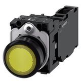 Illuminated pushbutton, 22 mm, round, plastic, yellow, pushbutton, flat, momentary contact type, with holder,  3SU1103-0AB30-1FA0-Z Y11