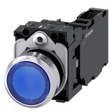 Illuminated pushbutton, 22 mm, round, Metal, shiny, blue, pushbutton, flat, momentary contact type, with holder, 1 NO+1 NC, LED module with  3SU1156-0AB50-1FA0-Z Y15