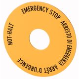 Emergency stop label, Yellow, black lettering, Round, 60 mm, de, en, fr, it, Front dimensions 25 × 25 mm