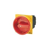 Main switch, T0, 20 A, flush mounting, 4 contact unit(s), 3 pole + N, Emergency switching off function, With red rotary handle and yellow locking ring