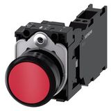 Pushbutton, 22 mm, round, plastic, red, pushbutton, flat, momentary contact type, with holder 1 NO+1 NC, spring-type  3SU1100-0AB20-3FA0-Z Y15