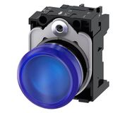 Indicator light, 22 mm, round, metal, shiny, blue, lens, smooth, with holder, LED module with integrated LED 110  3SU1153-6AA50-1AA0-Z Y10