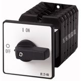 On-Off switch, T5B, 63 A, rear mounting, 5 contact unit(s), 10-pole, with black thumb grip and front plate