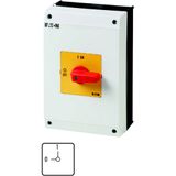 On-Off switch, T5B, 63 A, surface mounting, 1 contact unit(s), 2 pole, Emergency switching off function, with red thumb grip and yellow front plate