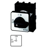 On-Off switch, P1, 25 A, centre mounting, 3 pole, 1 N/O, 1 N/C, with black thumb grip and front plate