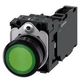 Illuminated pushbutton, 22 mm, round, plastic, green, pushbutton, flat, momentary contact type, with holder, 1 NO+1 NC, LED module with integrated  3SU1102-0AB40-1FA0-Z Y19