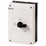 On-Off switch, P3, 63 A, surface mounting, 3 pole, with black thumb grip and front plate