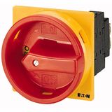 Main switch, P1, 25 A, flush mounting, 3 pole, Emergency switching off function, With red rotary handle and yellow locking ring, Lockable in the 0 (Of