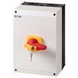 Switch-disconnector, DMM, 160 A, 4 pole, Emergency switching off function, With red rotary handle and yellow locking ring, cylinder lock, in CI-K5 enc