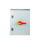 Switch-disconnector, DMV, 400 A, 3 pole, Emergency switching off function, With red rotary handle and yellow locking ring, in steel enclosure, 11 mm c