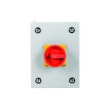 Main switch, T0, 20 A, surface mounting, 2 contact unit(s), 3 pole, 1 N/O, Emergency switching off function, With red rotary handle and yellow locking