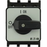 On-Off switch, P1, 40 A, centre mounting, 3 pole, with black thumb grip and front plate