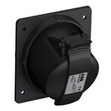 Black Socket-outlet, panel mounting, earthing sleeve position 6h, rated current 32A, IP44 splashproof, minimized flange, angled, 3-poles+neutral+earth, frequency 50-60 Hz, color code Red