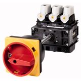 Main switch, P5, 315 A, rear mounting, 3 pole, 1 N/O, Emergency switching off function, With red rotary handle and yellow locking ring, Lockable in th