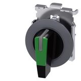 Selector switch, illuminable, 30 mm, round, Metal, matte, green, selector switch, long, front ring for flush installation,  3SU1062-2EL40-0AA0-Z Y11