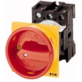 Main switch, P1, 32 A, rear mounting, 3 pole, 1 N/O, 1 N/C, Emergency switching off function, With red rotary handle and yellow locking ring, Lockable