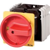 Main switch, T5, 100 A, rear mounting, 2 contact unit(s), 3 pole, Emergency switching off function, With red rotary handle and yellow locking ring