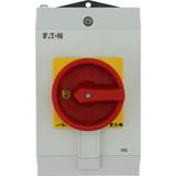 Main switch, P1, 40 A, surface mounting, 3 pole, 1 N/O, 1 N/C, Emergency switching off function, With red rotary handle and yellow locking ring, Locka