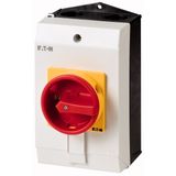 Safety switch, P1, 32 A, 3 pole + N, Emergency switching off function, With red rotary handle and yellow locking ring, Lockable in position 0 with cov