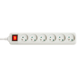 6-Way French Schuko Mains Power Extension with Switch, White Multi-socket outlet with 6 French sockets at 45°, for easy connection, 1.4m power cord.