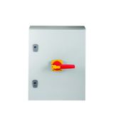 Switch-disconnector, DMV, 160 A, 4 pole, Emergency switching off function, With red rotary handle and yellow locking ring, in steel enclosure, 9 mm co