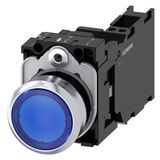 Illuminated pushbutton, 22 mm, round, Metal, shiny, blue, pushbutton, flat, momentary contact type, with holder, 1 NO+1 NC, LED module with  3SU1156-0AB50-3FA0-Z Y15