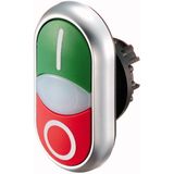 Double actuator pushbutton, RMQ-Titan, Actuators and indicator lights flush, momentary, White lens, green, red, inscribed, Bezel: titanium