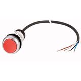 Pushbutton, classic, flat, maintained, 1 N/C, red, cable (black) with non-terminated end, 4 pole, 3.5 m