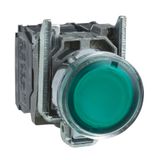 Harmony XB4, Illuminated push button, metal, flush, green, Ø22, spring return, 110...120 V AC, 1 NO + 1 NC