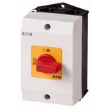 On-Off switch, T0, 20 A, surface mounting, 2 contact unit(s), 3 pole, Emergency switching off function, with red thumb grip and yellow front plate