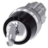 3SU1050-4BL01-0AA0-Z Y19 RONIS key-operated switch, 22 mm, round, metal, shiny, lock number SB30, with 2 keys, 3 switch positions I-O-II, latching, actuating angle 2x45°, 10:30h/12h/13:30h,