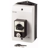 ON-OFF switches, P1, 32 A, surface mounting, 3 pole, with black thumb grip and front plate, Cylinder lock SVA