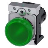 Indicator lights, compact, 22 mm, round, metal, green, lens, smooth,  3SU1251-6AB40-1AA0