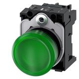 Indicator lights, 22 mm, round, plastic, green, lens, smooth, with holder, LED module, with integrated LED 230 V AC, screw  3SU1106-6AA40-1AA0-Z Y19