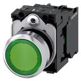 Illuminated pushbutton, 22 mm, round, Metal, shiny, green, pushbutton, flat, momentary contact type, with holder, 1NO, LED module with  3SU1156-0AB40-1BA0-Z Y10