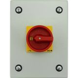 Main switch, P1, 40 A, surface mounting, 3 pole, Emergency switching off function, With red rotary handle and yellow locking ring, Lockable in the 0 (