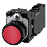 Pushbutton, 22 mm, round, plastic, red, pushbutton, flat, momentary contact type, with holder 1 NO+1 NC,  3SU1100-0AB20-1FA0-Z Y10